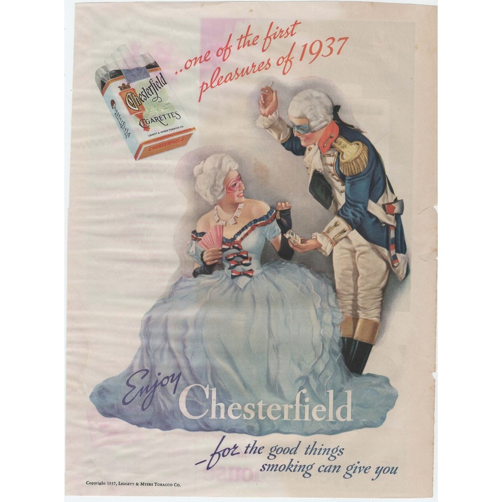 1937 Chesterfield Cigarettes Vintage Print Ad Colonial Masquerade Ball Theme - Picture 1 of 1